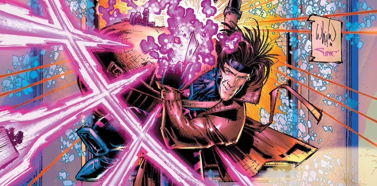 Gambit in the comics with a purple aura around him