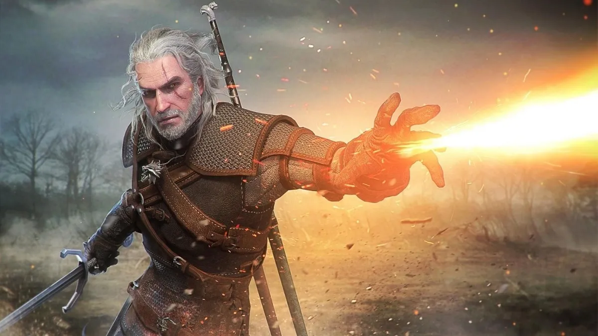 An image of Geralt of Rivia using Igni in The Witcher 3.