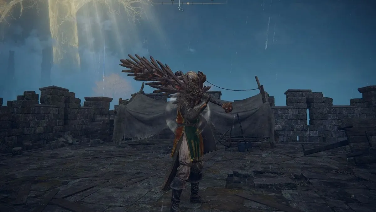 An image of the player character holding up the Grafted Blade Greatsword in Elden Ring.