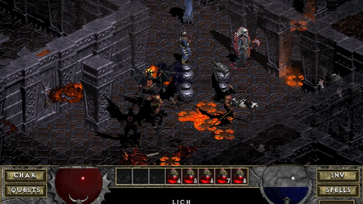 An image of the player character in the midst of battle in Diablo.