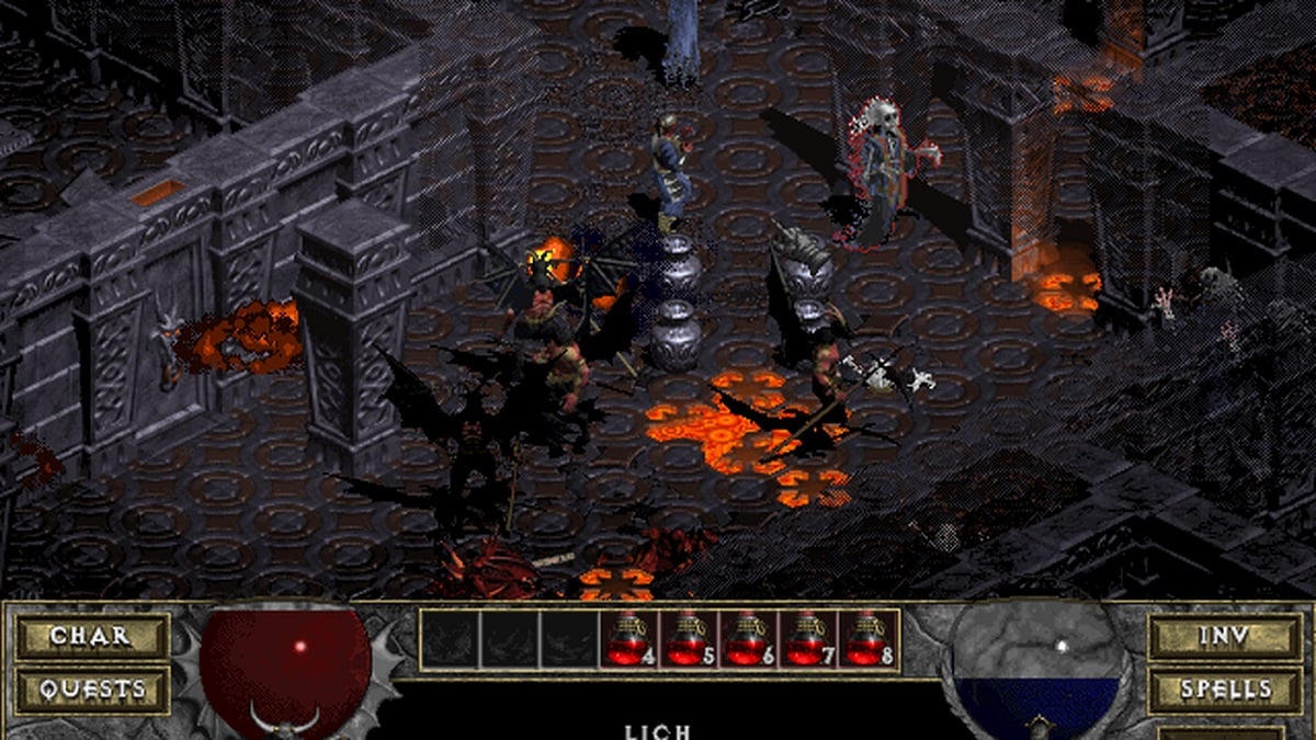 An image of the player character in the midst of battle in Diablo.