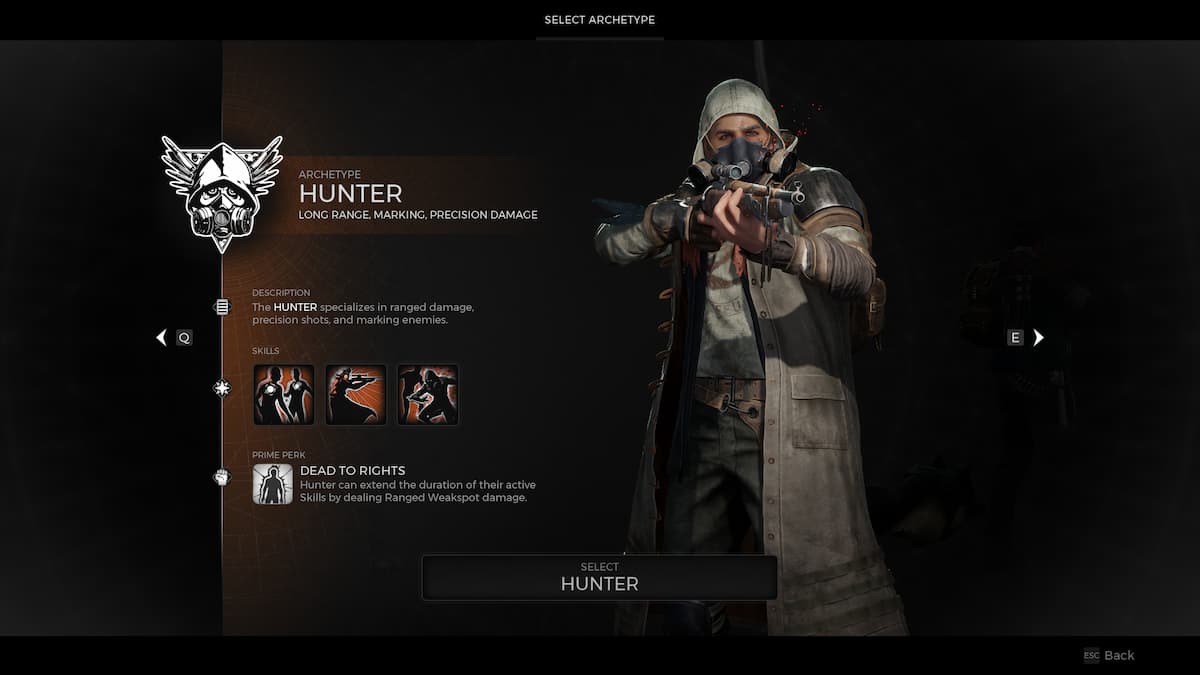 Hunter selection screen in Remnant 2.