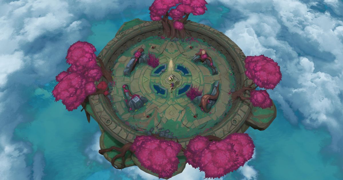 One of the maps for League of Legends' new Arena mode with pink trees on the border.
