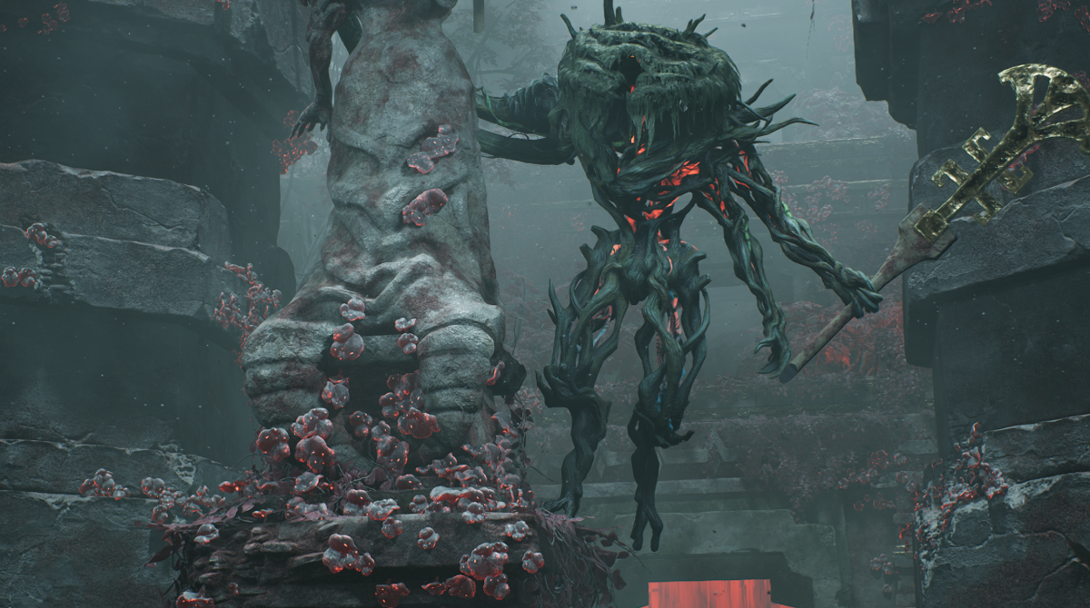 Kaeula's Shadow, a giant moss-covered monster, crawls out from behind a statue of a goat-man. The entire area is a grey hue with bits of red shining through