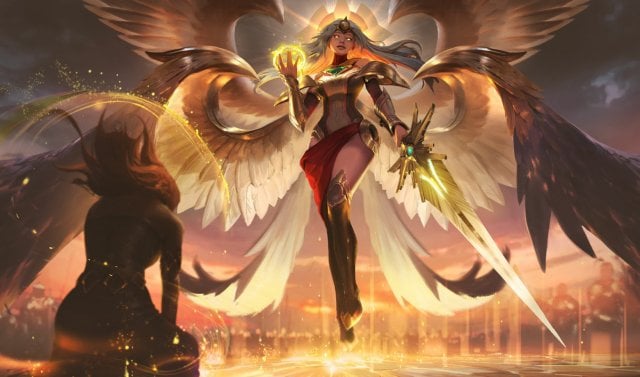 Kayle looks down while wielding a sword and spreading her wings in League of Legends