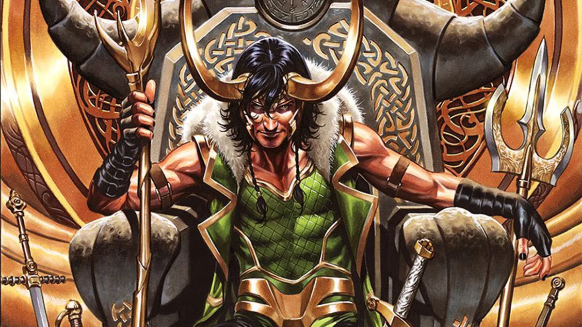 Loki sitting on his throne wearing a green outfit and holding a golden staff.