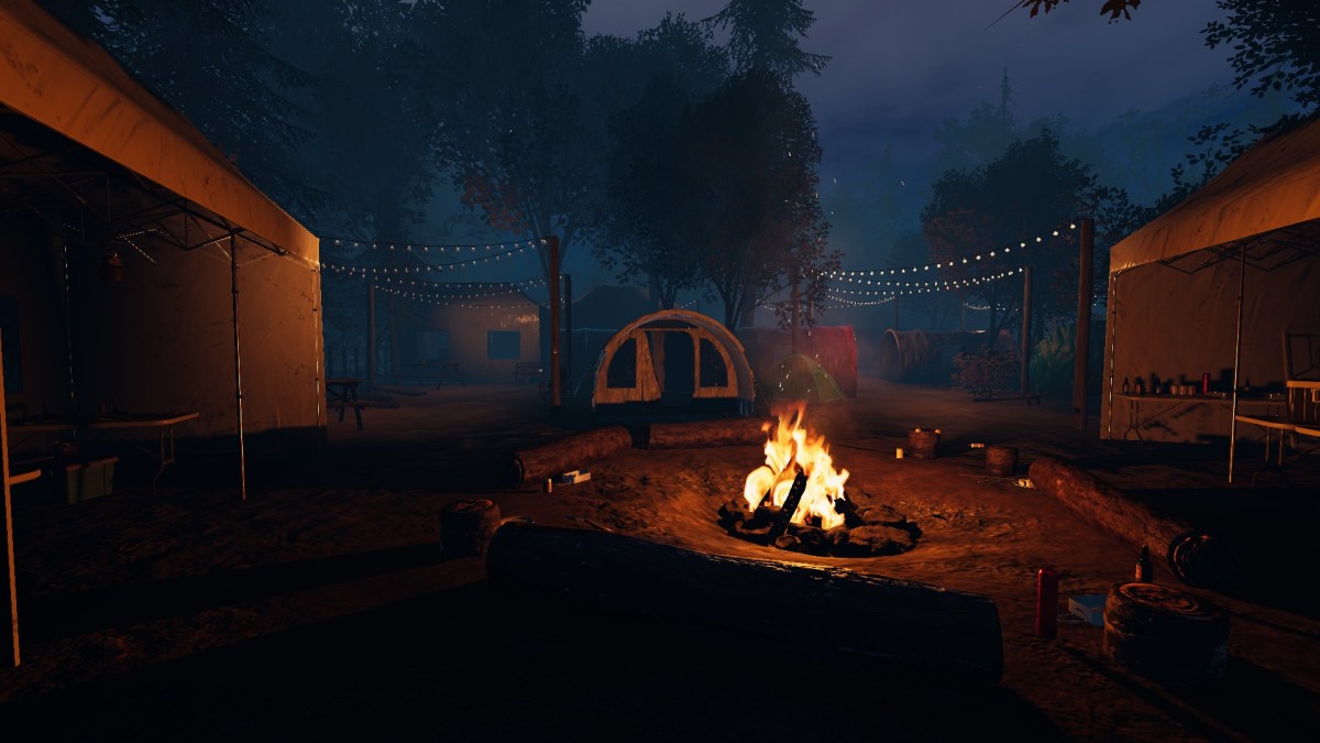 The Maple Lodge Campsite lit up at night in Phasmophobia