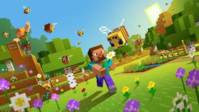 Steve, a character from Minecraft, runs through a field of flowers.