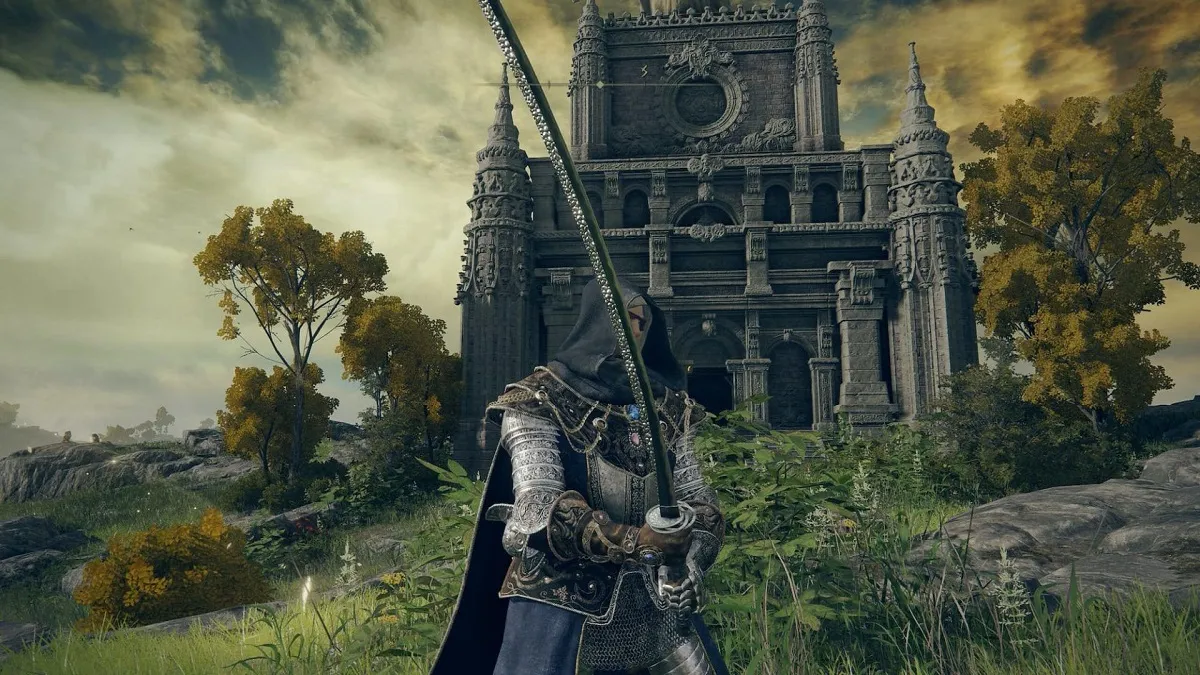 An image of the player character holding up the Moonveil Katana in Elden Ring.