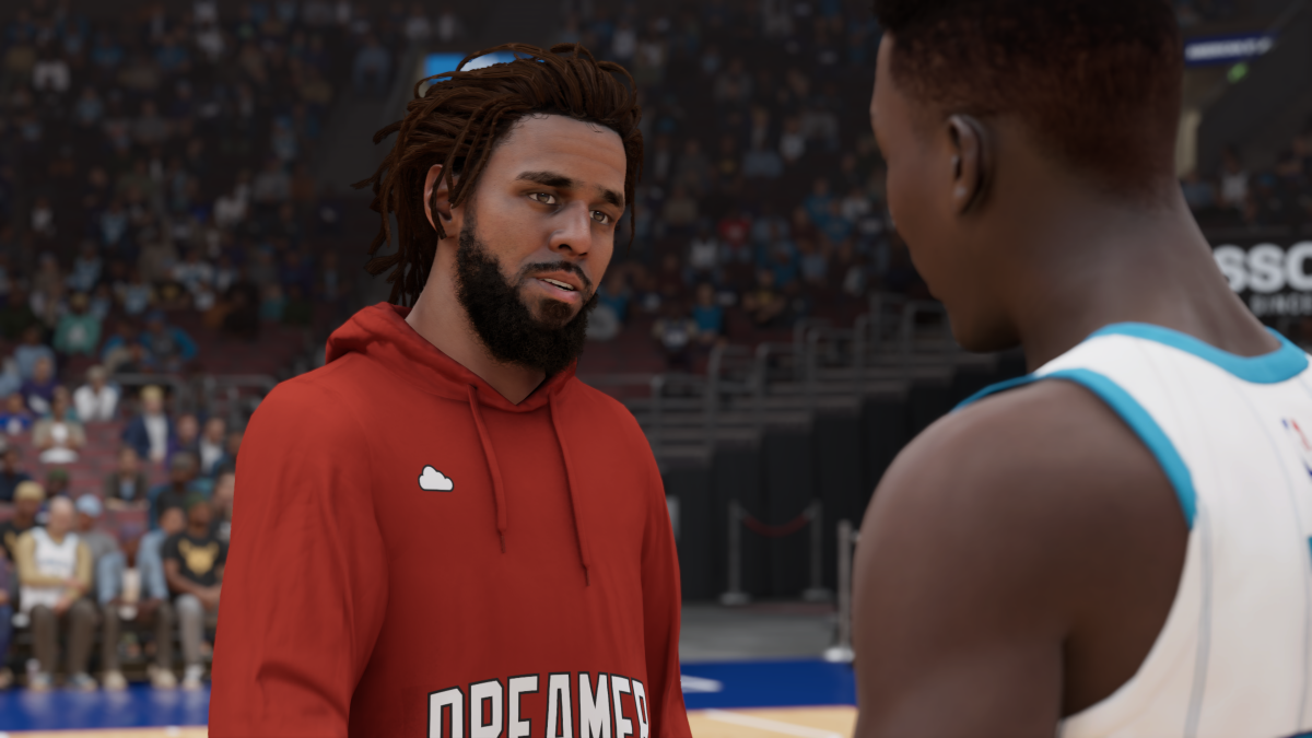 J Cole appearing in a cutscene in NBA 2K23's MyCareer mode.