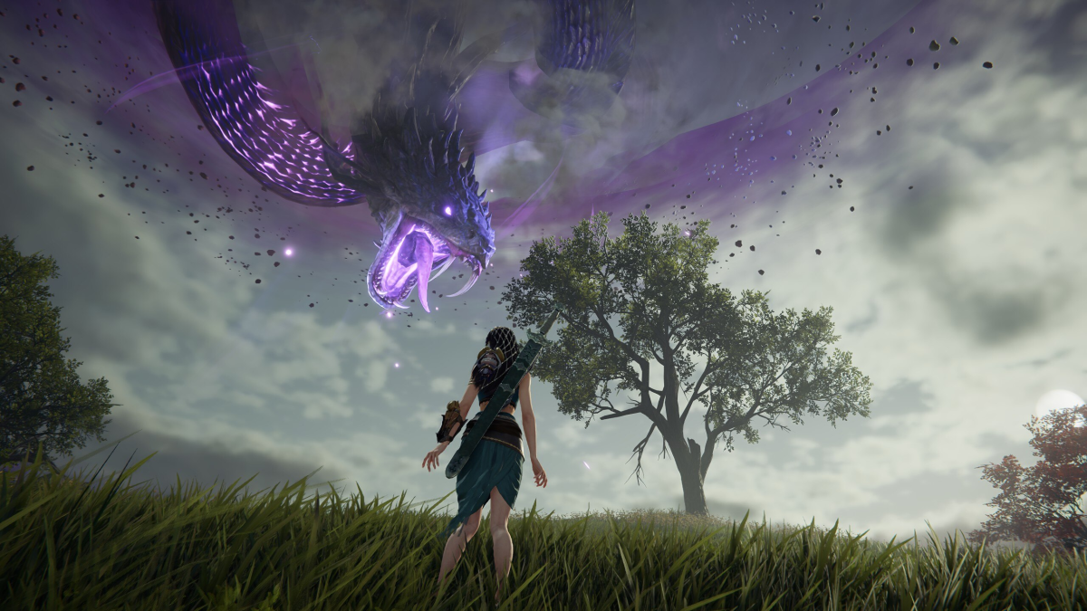 A player staring down a giant serpent in Naraka: Bladepoint.
