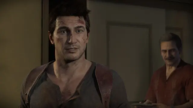 Nathan Drake looking surprised with Sully in the back.