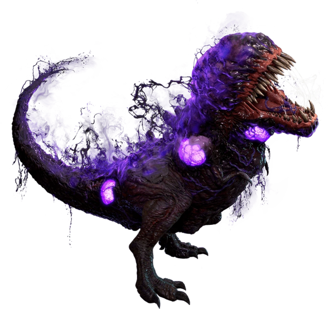 A Neo T-Rex from Exoprimal, with weak points identified by glowing purple spots.