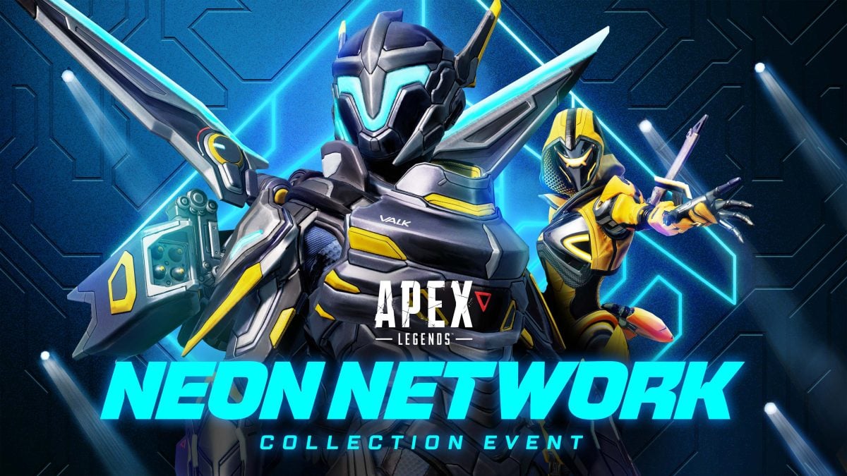 A banner for Apex Legends' Neon Network collection event, which brings Valkyrie and Ash in futuristic, neon skins.