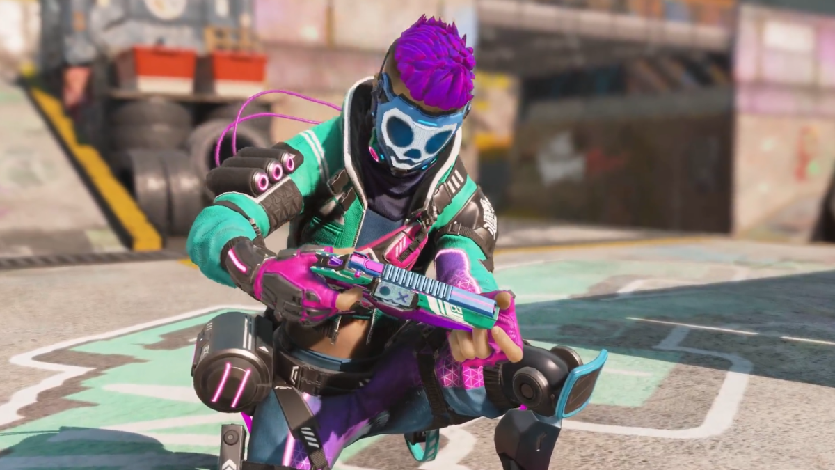 Octane crouches down with a gun in his hand. His Net Runner skin reimagines him in a cyberpunk theme, with purple hair, teal jacket, and skull-like electronic mask.