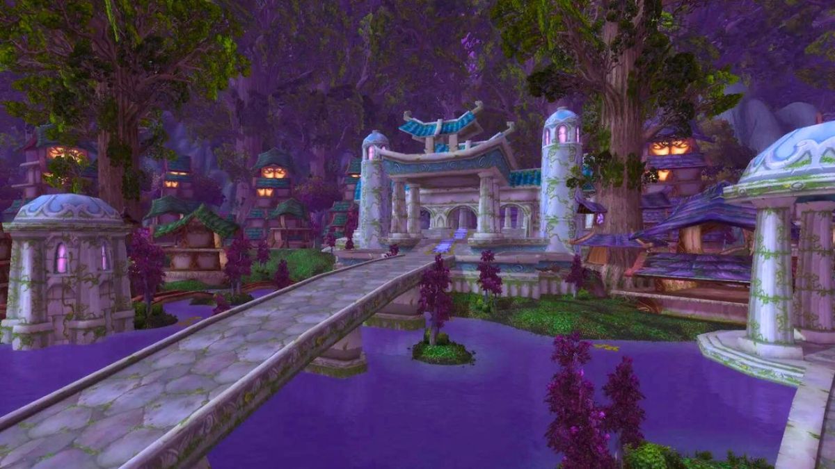 Bridge and stone building surrounded by a purple forest in WoW