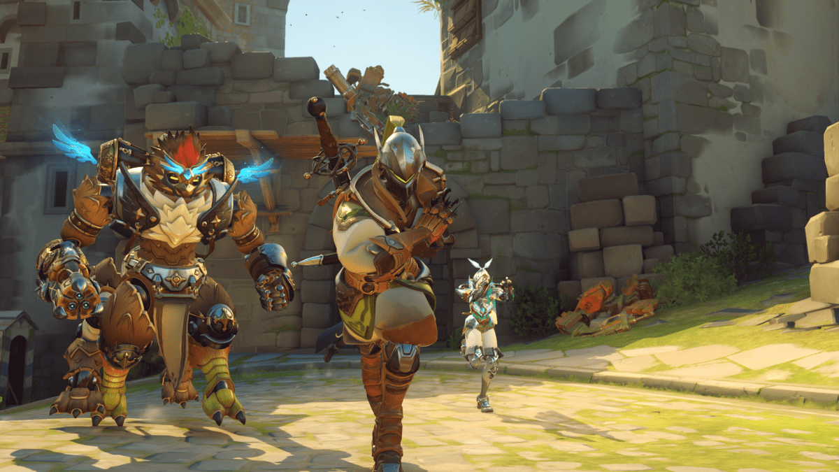 Genji Orisa and Tracer in their Questwatch battle pass skins.