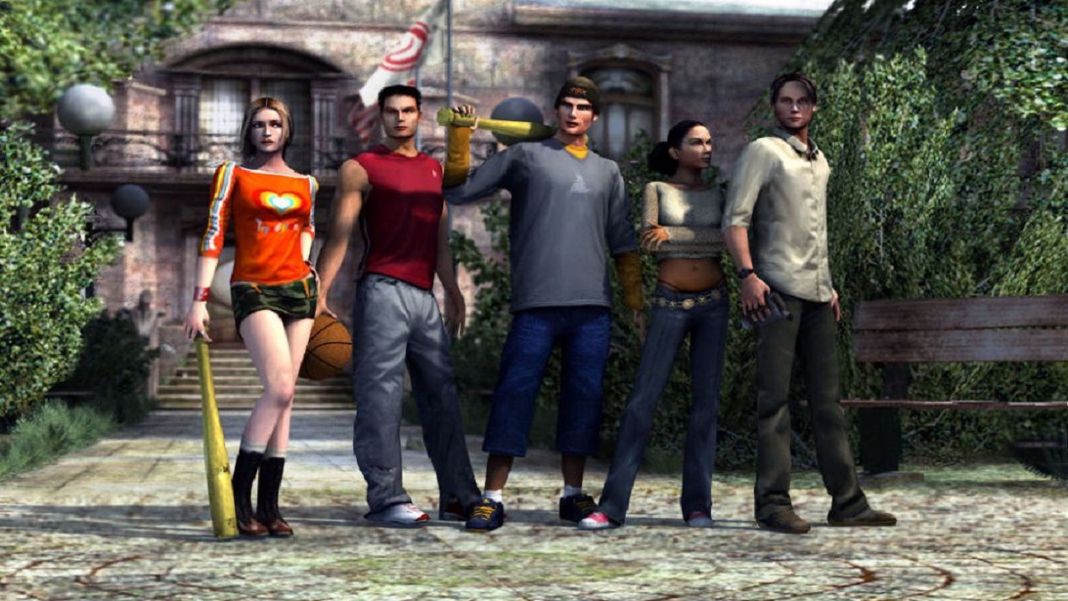 An image of the main characters outside their school in ObsCure.