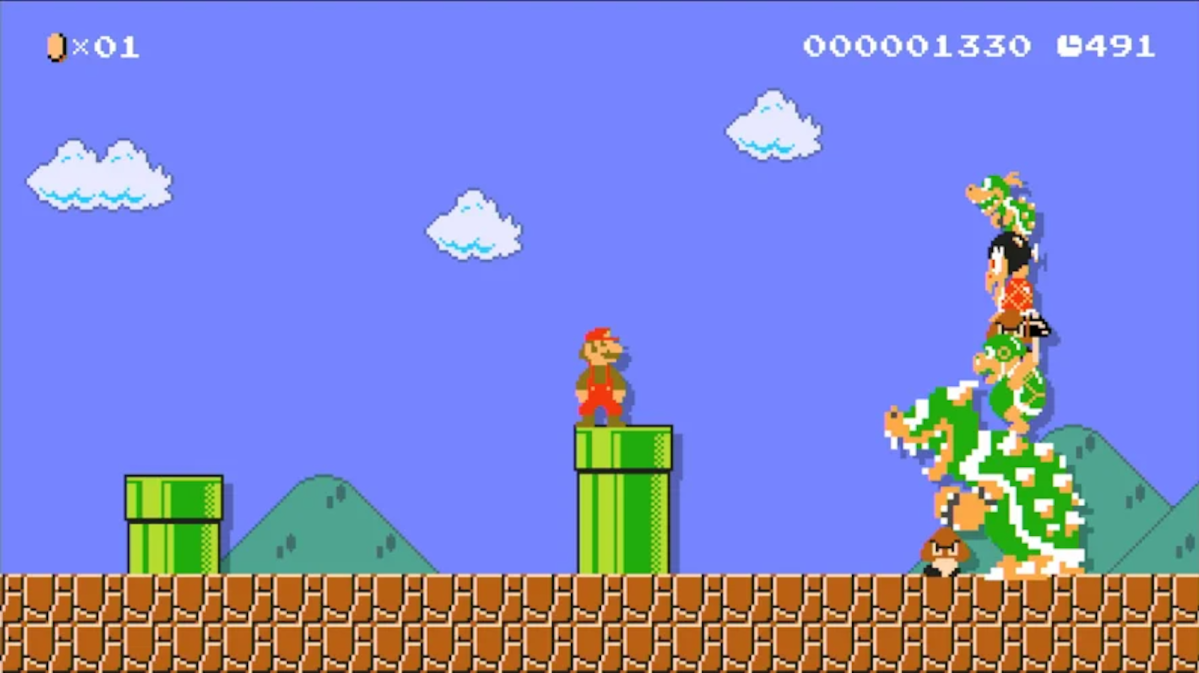 Oldschool Mario Bros with mario standing on a green pipe facing off against bowser