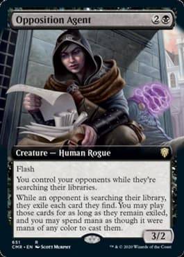 Image of human rogue reading documents through Opposition Agent Commander Legends MTG card
