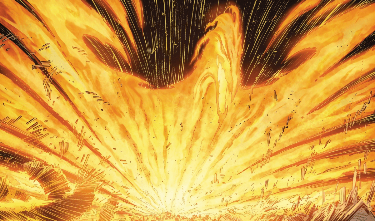 The Phoenix Force card in marvel snap. A blazing phoenix spreads its wings wide.