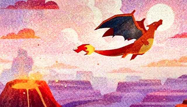 Image of Charizard flying over mountain through Charizard ex SAR SV2a Pokémon Card 151 set
