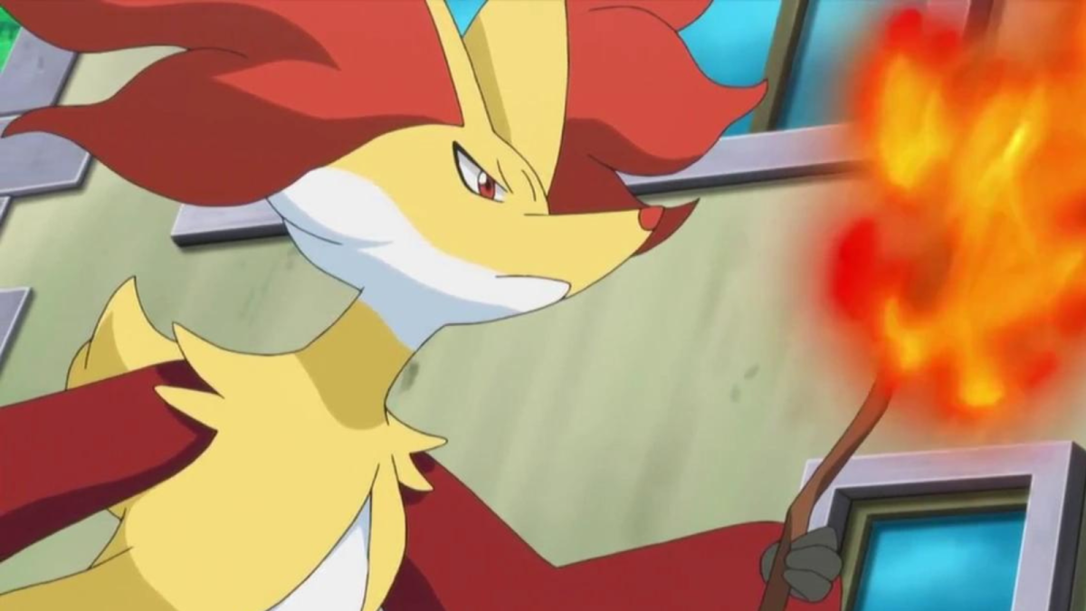 Delphox holding a fire stick in the Pokémon anime.