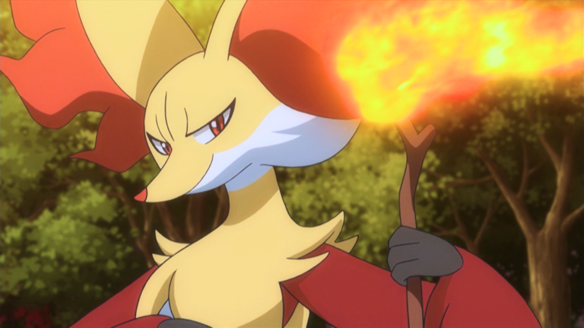 Delphox holding a fire stick in the Pokémon anime.