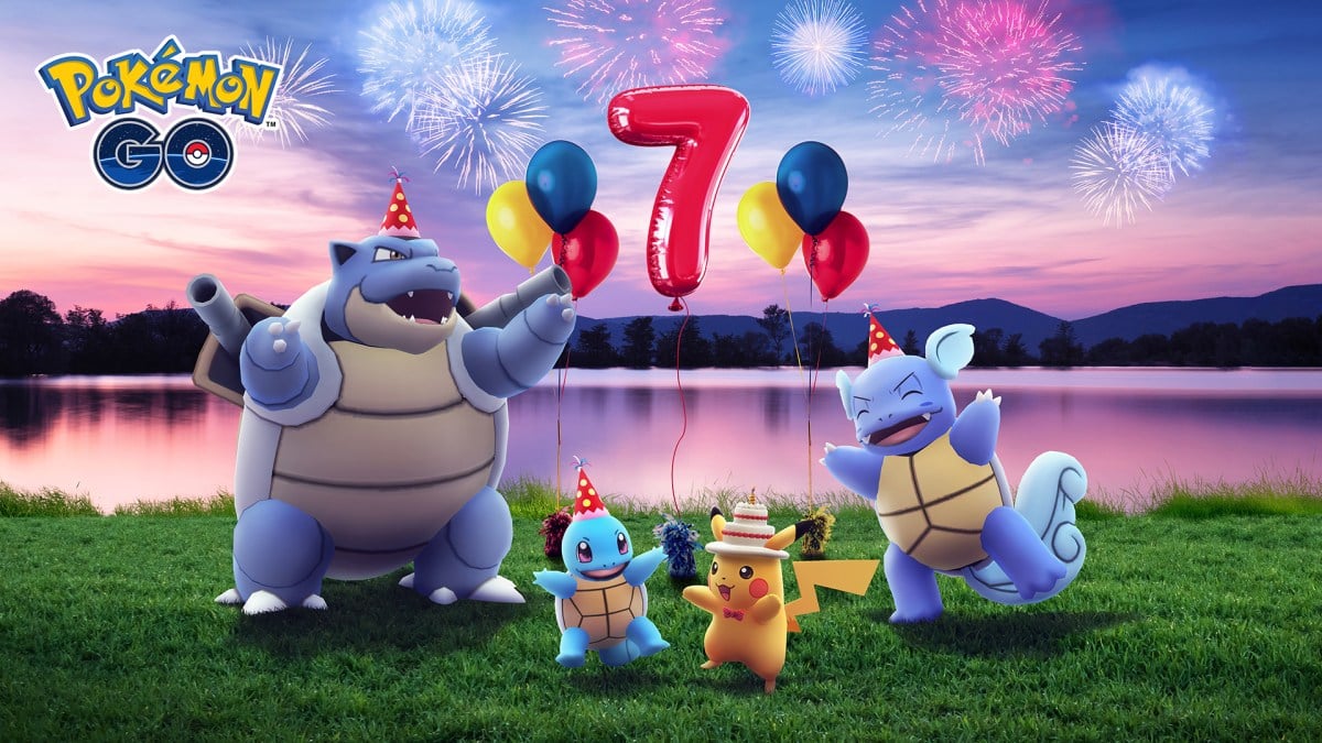 Blastoise, Squirtle, Pikachu, and Wartortle celebrate Pokémon Go's seventh anniversary with a "seven" balloon between them.