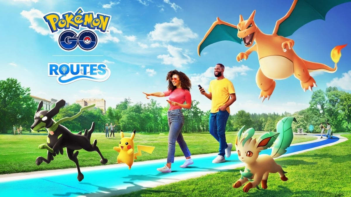 Two trainers walk along a Pokémon Go Route, surrounded by a Zygarde 10% Form, Pikachu, Leafeon, and Charizard.