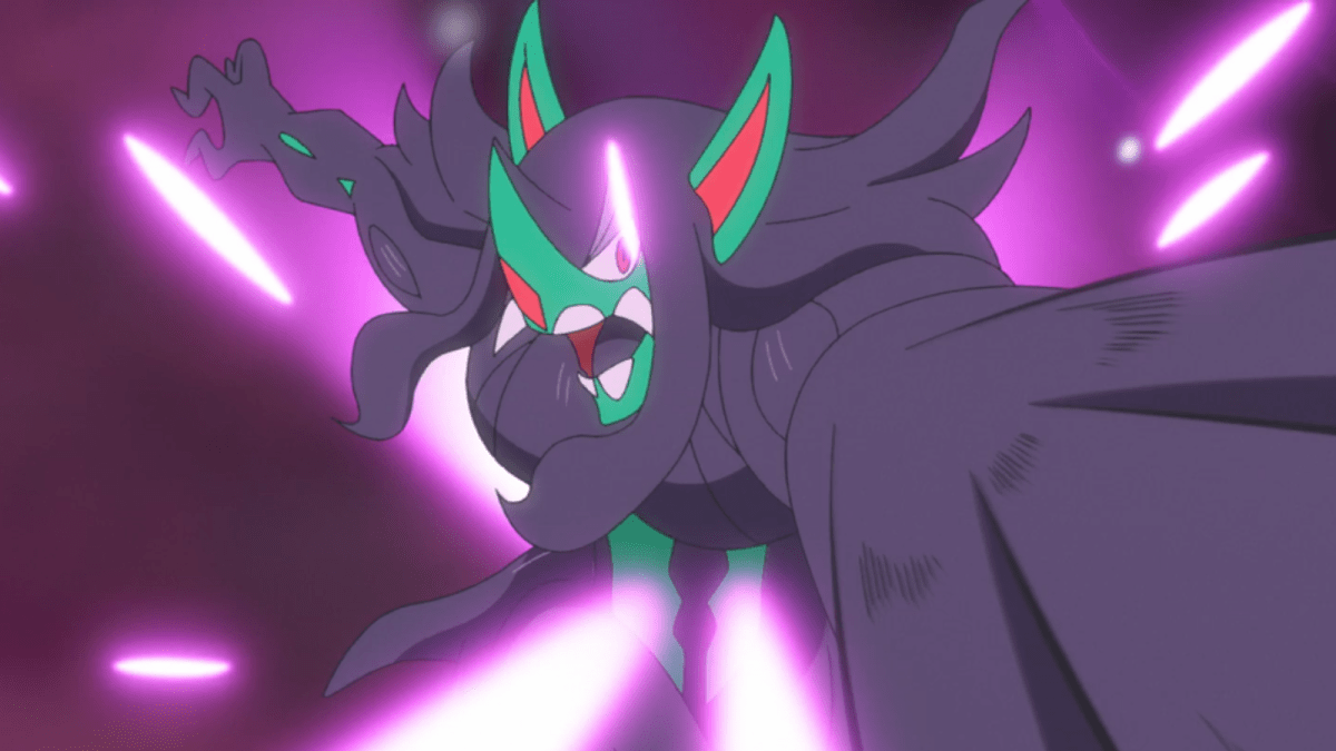 Grimmsnarl glowing with pink energy in the Pokémon anime.