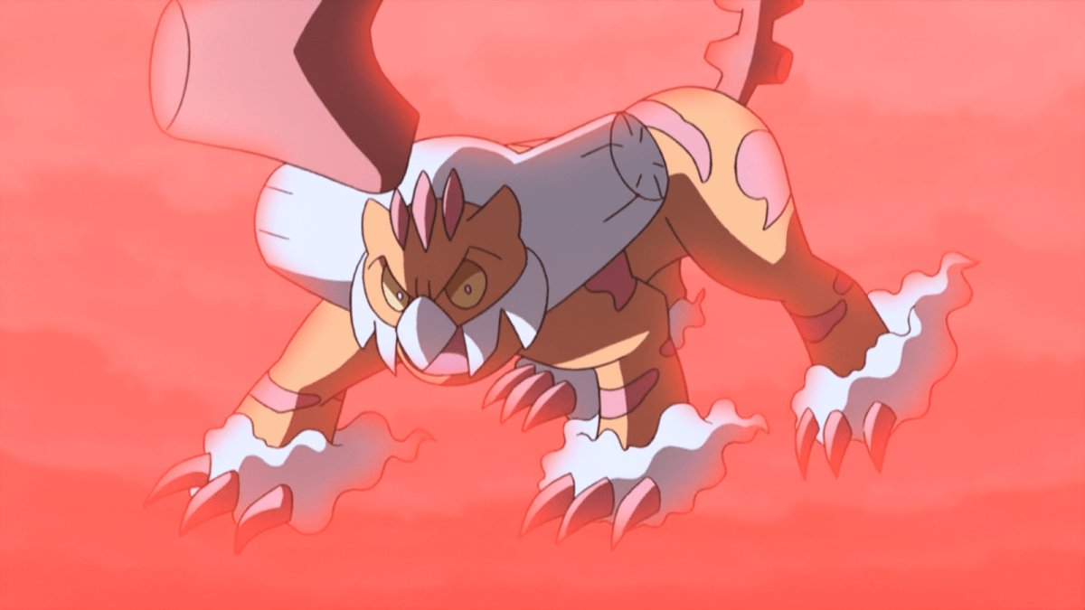 Therian Forme Landorus surrounded by redness in the Pokémon anime.