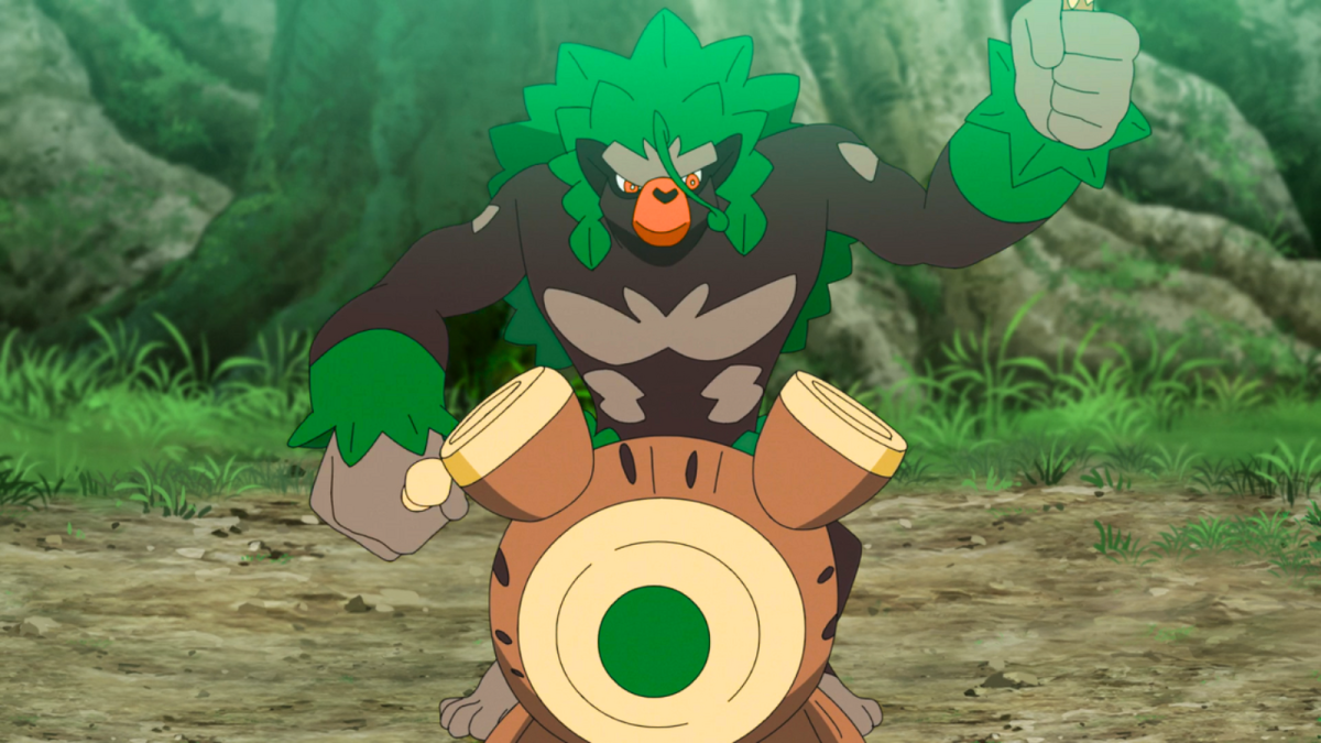 Rillaboom playing the drums in the forest in the Pokémon anime.