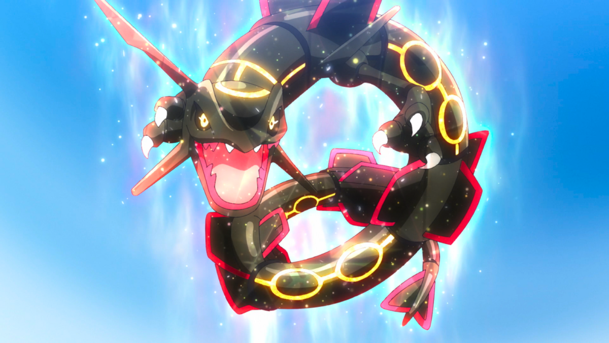 Shiny Rayquaza, a giant snake-like Pokémon, flying through the air and sparkling in the Pokémon anime.