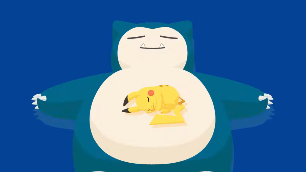 Pikachu sleeping on Snorlax's stomach in a Pokémon Sleep trailer.