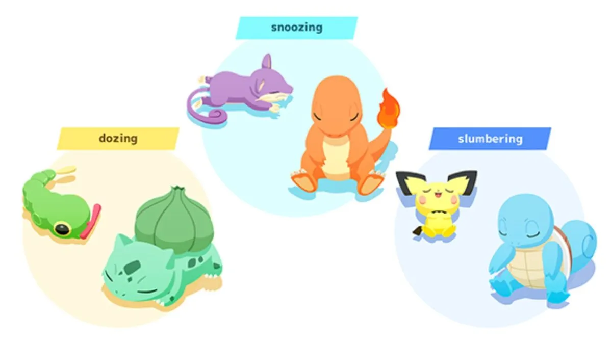 Three sleep styles in Pokemon Sleep are showcased.