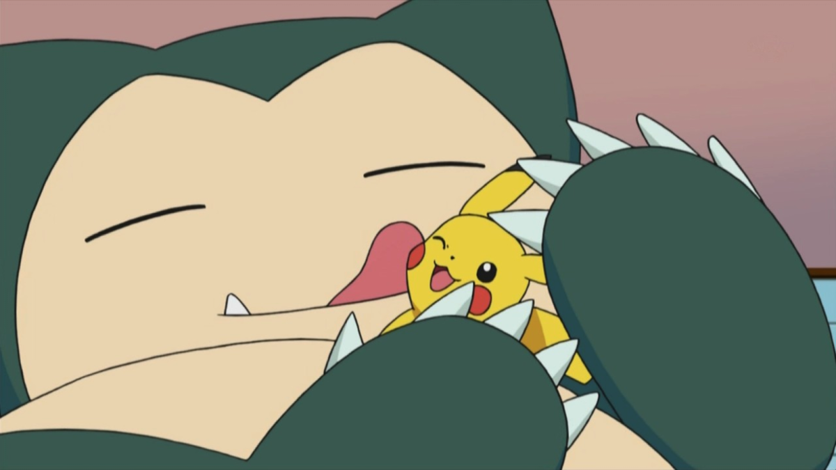 Snorlax licking Pikachu in the Pokémon anime.