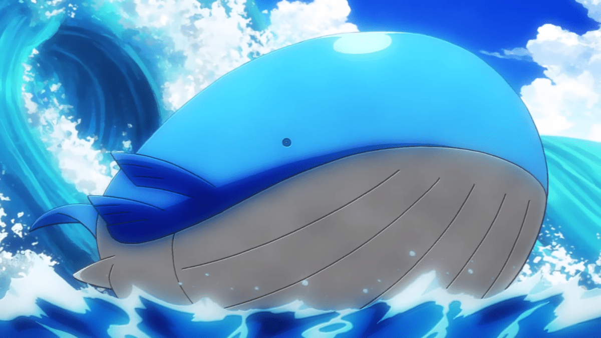 Wailord making waves in the ocean in the Pokémon anime.