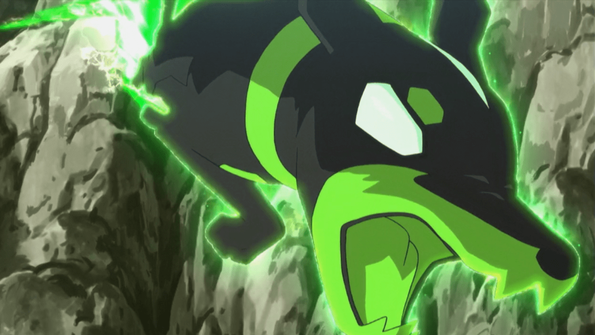 Zygarde 10% Forme glowing green while lunging through the air in the Pokémon anime.