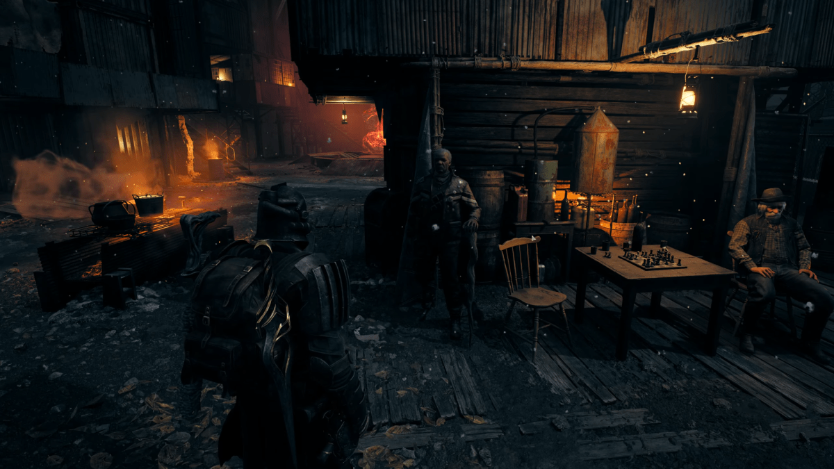 The screenshot shows one playable character in Remnant 2 and the NPC merchant Reggie while it's dark.