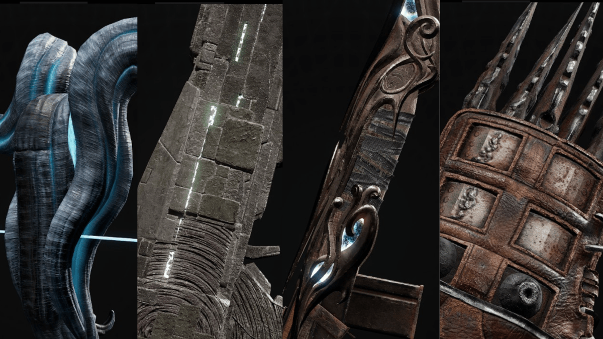 A montage of four Remnant 2 weapons.