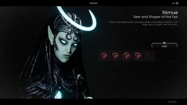 The vendor screen for Nimue in Remnant 2, with a blue elven-like creature glowing with a crescent moon-shaped halo to the left of the menu.