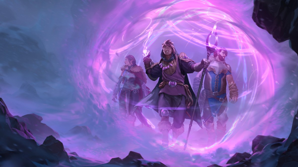 Three characters exiting a pink portal.