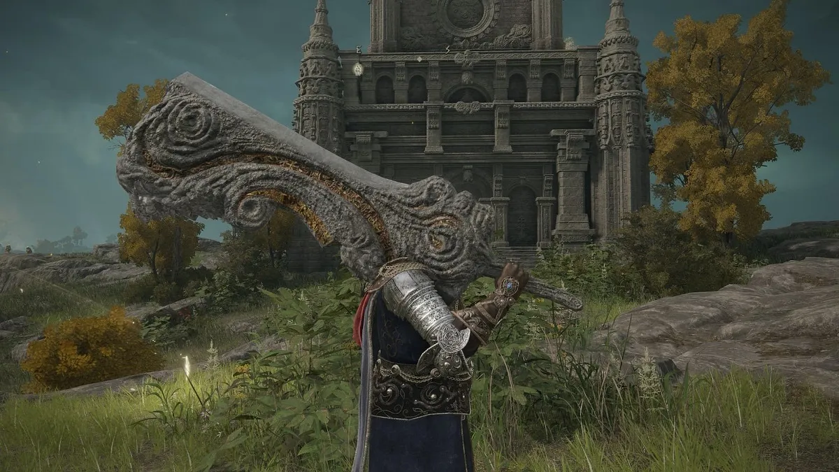 An image of the player character holding up the Ruins Greatsword in Elden Ring.