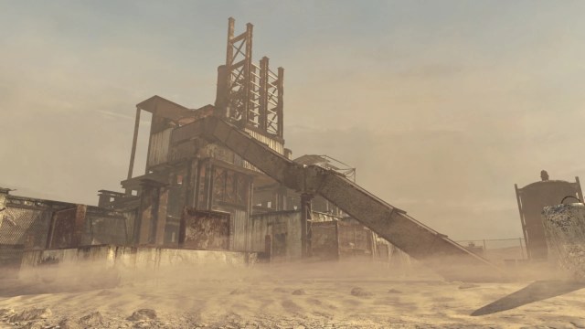 The classic Call of Duty map rust, showing a rusting rig in the desert towering over a sandy environment.