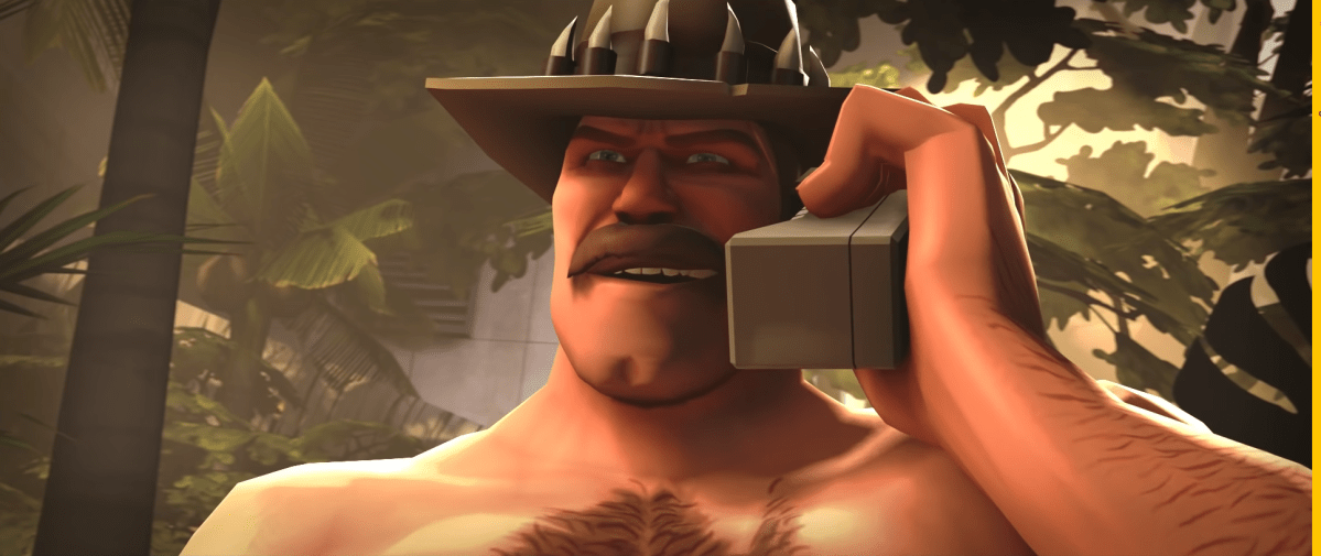 Huge TF2 character Saxton Hale speaks on the phone. He's a while male with a big mustache.