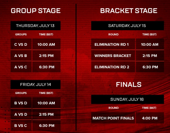The schedule for the ALGS Split Two Playoffs, featuring white text on a red background.