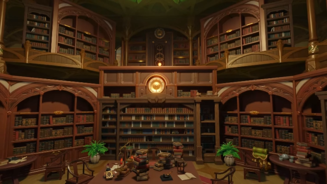 The Scholar’s Study Hall design featuring lots of bookcases and books all around the house interior. 