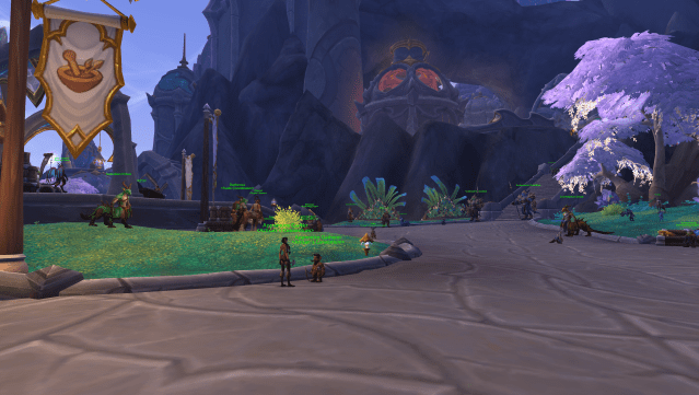 Two profession knowledge vendors stand in the Artisan's Market in WoW Dragonflight.