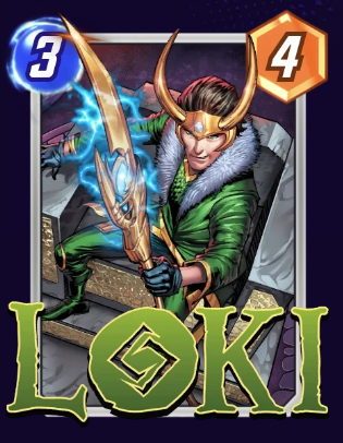 The Loki card, showing how he holds his scepter while wearing the crown with horns.